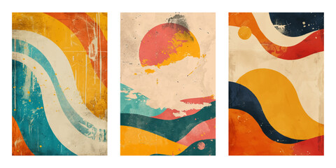 Set of hand drawn abstract summer landscape backgrounds. Retro vector elements for poster, flyer, cards, web.