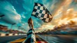 A hand holding victory flag in car racing finish line with a blurry cars and racing environment backdrop for text or product advertisement, Generative AI.