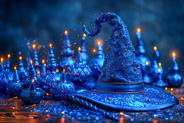 A blue wizard hat sits on a table.  There are blue lights and sparkles all around.