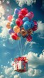 Vertical portrait of gift birthday package present flying tied to balloons in the sky on a bright sunny day