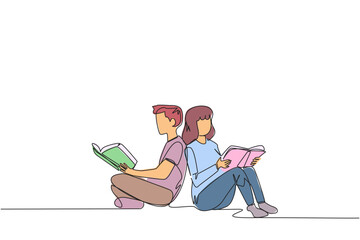 Wall Mural - Continuous one line drawing man woman sitting while reading the book. Reading the books to learn. The fast learner. Book festival concept. Happy reading. Single line draw design vector illustration