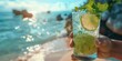 With green slices of lime, mint, and ice over a beach backdrop, a woman's hand holds a glass filled with sparkling green mojito liquid and space, Generative AI.