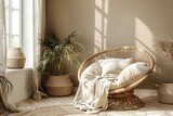 Fototapeta  - Minimalistic modern sitting area, wicker chair with white pillows and indoor palm tree by the window