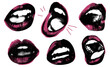Pop art mouth elements with marker lipstick pink scribble line. Grunge black and white open mouth with tongue. Background with vintage graphic illustration on transparent bg