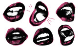 Fototapeta  - Pop art mouth elements with marker lipstick pink scribble line. Grunge black and white open mouth with tongue. Background with vintage graphic illustration on transparent bg