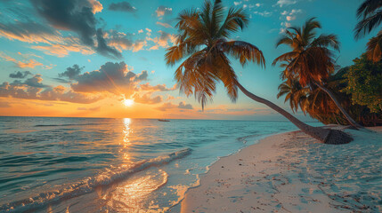 Wall Mural - A beautiful beach with palm trees and a sunset in the background