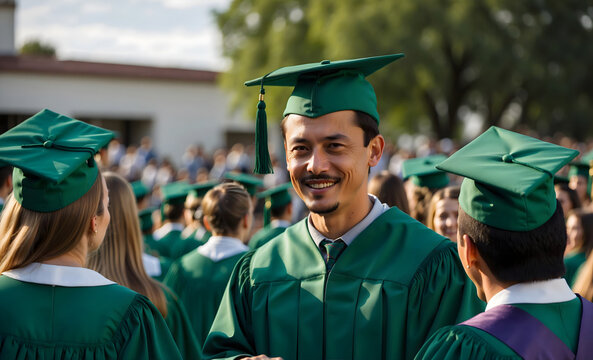 A man in a green graduation gown smiling at the camera, surrounded with group of students , radiating joy and pride on his special day of accomplishment, multicultural and diversity concept 