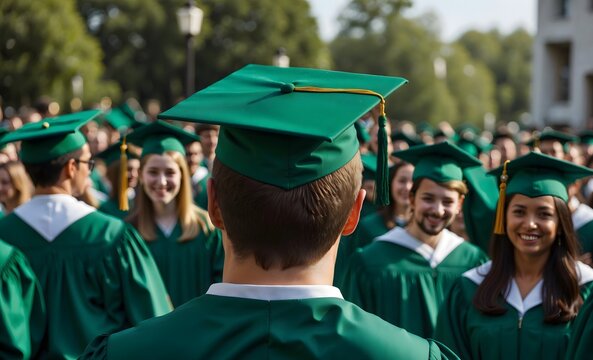 Green-capped and gown graduate boy gazes at a group of graduates, symbolizing success,Multicultural students smile, embodying graduation