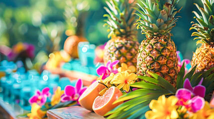 Tropical Pineapples and Flowers Poolside.