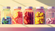 Illustration of Five Bottles of vitamins, health supplement, orange and pills