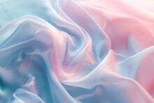 Blue Pink Pastel Soft Fabric Light Texture. Crumpled Textile Background With Large Folds. Abstract Waved Textured Cloth. Mute Tones. Flowing, Ripple Surface Of Pale Calico Curtain. Spectrum Gradient