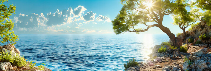 Wall Mural - Blue Seascape and Sunlit Waves on a Clear Summer Day, Ideal for Scenic Vacation Backgrounds