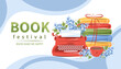 Book festival banner. Vintage typewriter, books, cup coffee or tea with spring flowers. Vector illustration