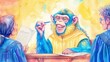 © ปรัชญา ตอพรม ตอพรม - A chimpanzee wearing a yellow suit and holding a pen is sitting in a judge's seat. There are two humans in black suits standing in front of him.