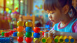 A little girl fantasizes while playing with wooden blocks in the classroom. AI.