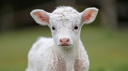 Canvas Print -   A tight shot of a baby cow in lush grass, background softly blurred with nearby grazing land and a distant building