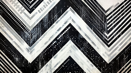 Wall Mural - Black and white chevrons filled with textured lines for a modern-retro look.