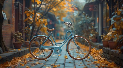 Bicycle with tires parked on leafcovered sidewalk