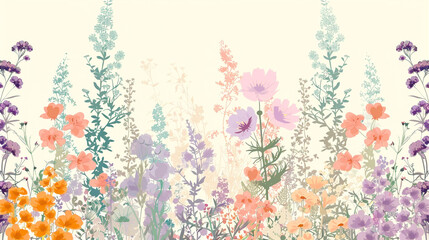 Wall Mural - Pastel rainbow wildflowers vector, soft lavender to coral, creamy dreamy meadow charm.