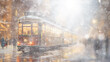 © kichigin19 - snowfall christmas greeting card, abstract blurred background city on christmas eve vintage view tram and old street decorated with lights