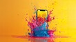 A close shot of a mobile phone with colorful splashes against a yellow backdrop with a big space for text or product advertisement, Generative AI.