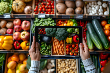 Men using digital tablet in storage room of a natural  grocery product shop ai generated art