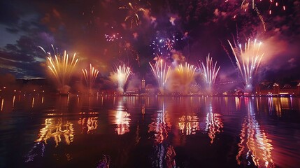 Wall Mural - Reflections of bursting fireworks shimmering on the surface of a tranquil lake, doubling the beauty and splendor of the pyrotechnic display at a lakeside firework event.