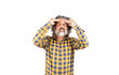 A man with a beard and a plaid shirt complains of a headache. Headache