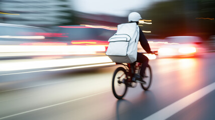 Wall Mural - a delivery service courier on a bike rides in city traffic in a blurry. bike road street