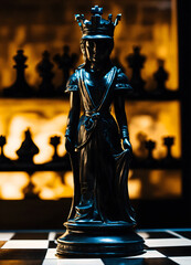 Royal black chess piece queen statue in chessboard, yellow background giant antique sculpture