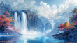 © Robin - watercolor painted illustration of a waterfall