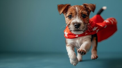 Wall Mural - a puppy wearing a red cape and scarf is running