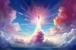 Futuristic scene with a shiny rocket launching into space, surrounded by cotton candy clouds 