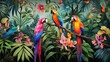 Vibrant birds perched among lush greenery in a tropical rainforest 