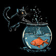 Playful cat trying to catch a startled fish in a fishbowl on a dark background