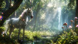 Enchanting unicorn in a magical forest glade with cascading waterfall and ethereal sunlight