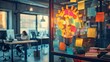 A brainstorming session in a modern, open-plan office, with sticky notes forming the shape of a lightbulb on the wall, each note a contribution to the burgeoning company's startup vision.