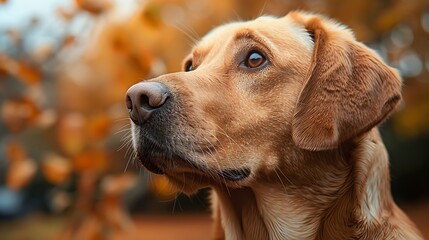 Wall Mural - Closeup image of a fawn Dog breed with whiskers, looking up at the sky