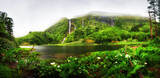 Fototapeta Góry - Panorama of Ribeira do Ferreiro waterfalls, green paradise hidden in Flores Island, Azores, Portugal