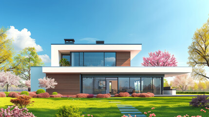 Wall Mural - Modern single family house under a clear spring sky, illustration