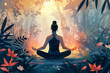 Illustration of a woman meditating in the lotus position, surrounded by lush nature