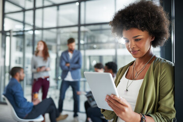 Leinwandbilder - Woman, research and office with tech tablet, web design with professional female person in coworking workspace. Social media, website and career for creative job, browsing and technology in workplace