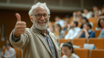 Smiling professor teacher showing thumbs up gesture in meeting auditorium school or university.