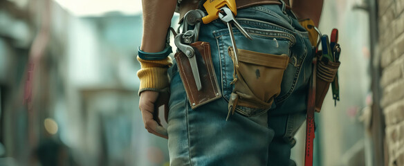 A man in jeans and work gloves is holding a tool.