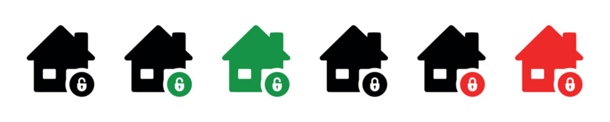 Wall Mural - Simple sign unlock home. Symbol house lock icon. Set residential property icons in vector design style