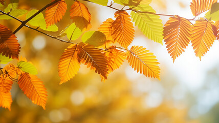 Wall Mural - autumn abstract background, elm branch with yellow leaves on a background with a copy  space, october sky