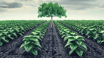 a tree growing in the center of a dry vs green field High quality photo