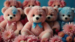 teady bear  placed in the shinny dark gradient background with abstract flowers in the hand of colorful  pink purple green blue and many others color with rose flowers abstract background with fluffy 