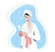 Young pretty woman in a bathrobe holding a cup of tea or coffee, with a stylized steam and sparkle, against a blue background, conveying a concept of relaxation and self-care. Flat vector illustration