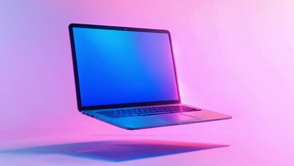 Leinwandbilder - Floating Laptop With Blue Screen on Pink Background